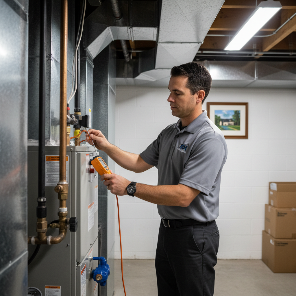BIM Heating and Cooling technician inspecting a furnace in a Virginia basement.