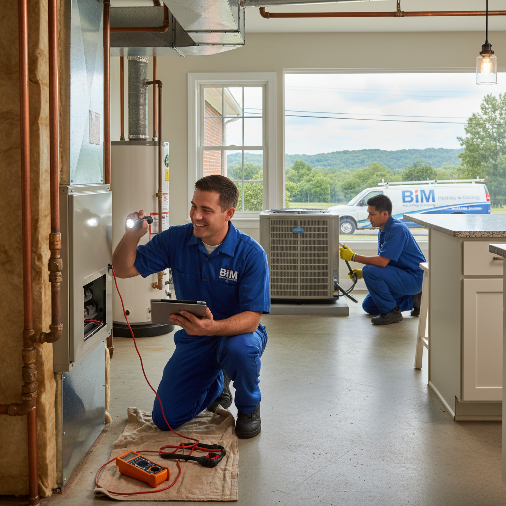 BIM Heating and Cooling technician inspecting a furnace in a Fredericksburg, Virginia home.