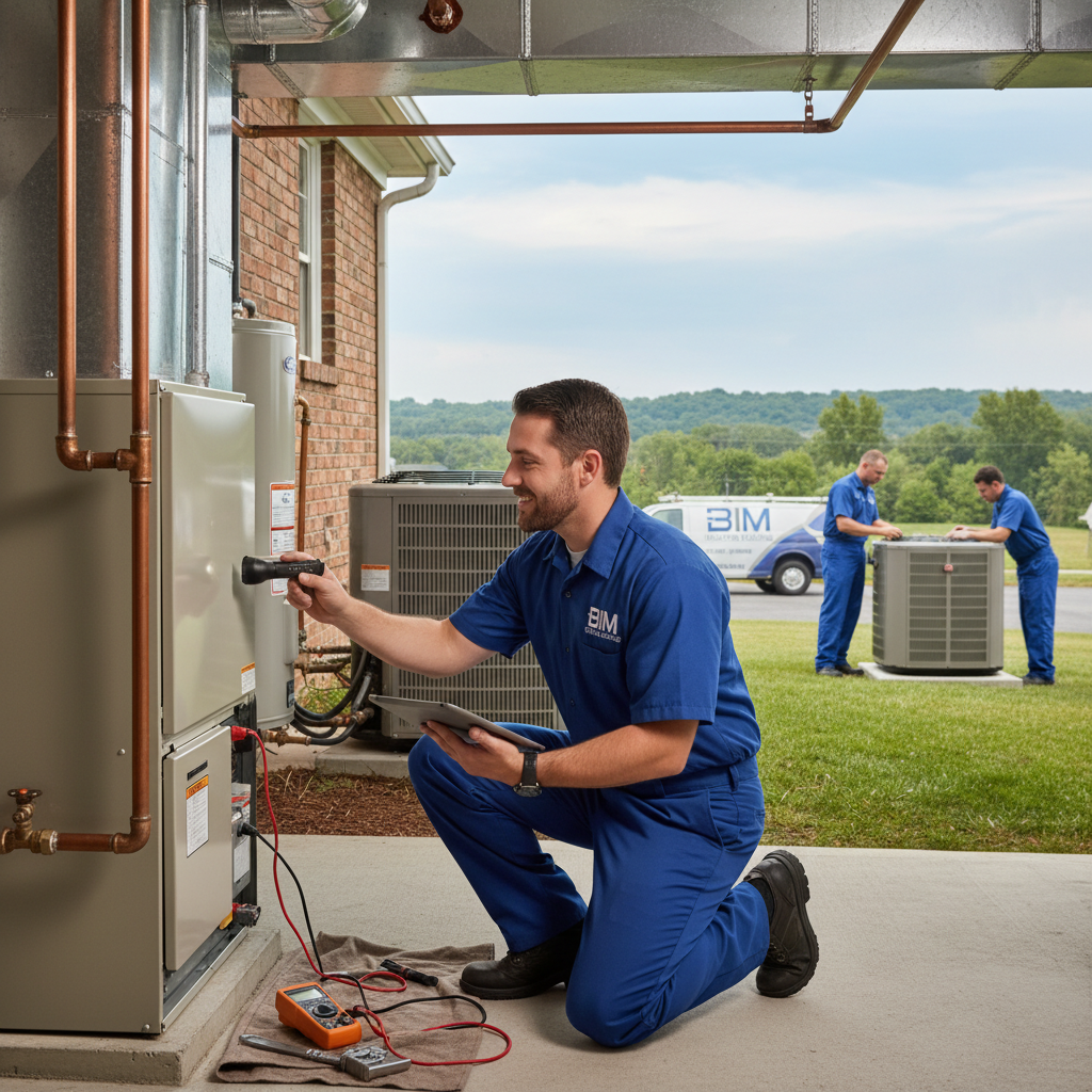 BIM Heating and Cooling technician inspecting a furnace in a Fredericksburg, Virginia home.