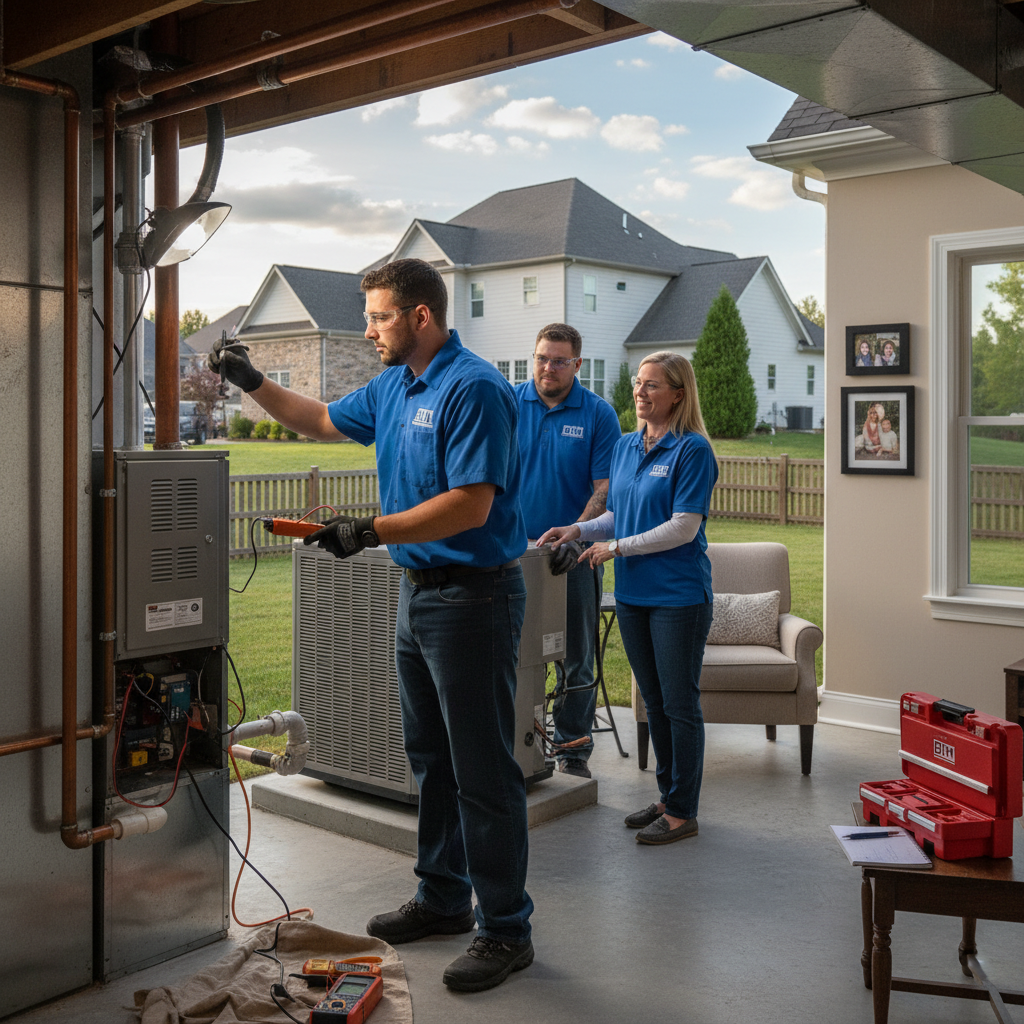 BIM Heating and Cooling technician inspecting a furnace in a Fredericksburg, VA home.