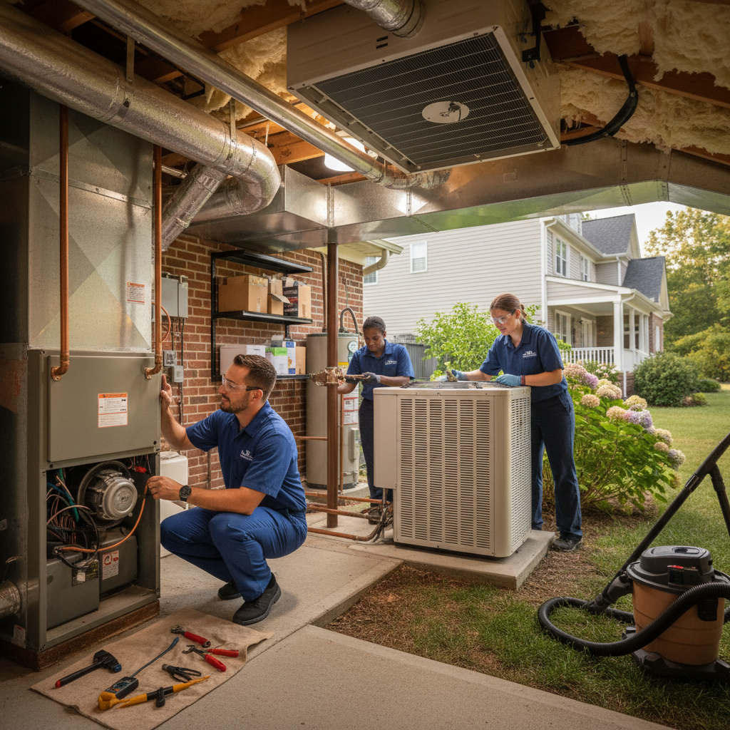 BIM Heating and Cooling technician inspecting a furnace in a Fredericksburg, Virginia home.