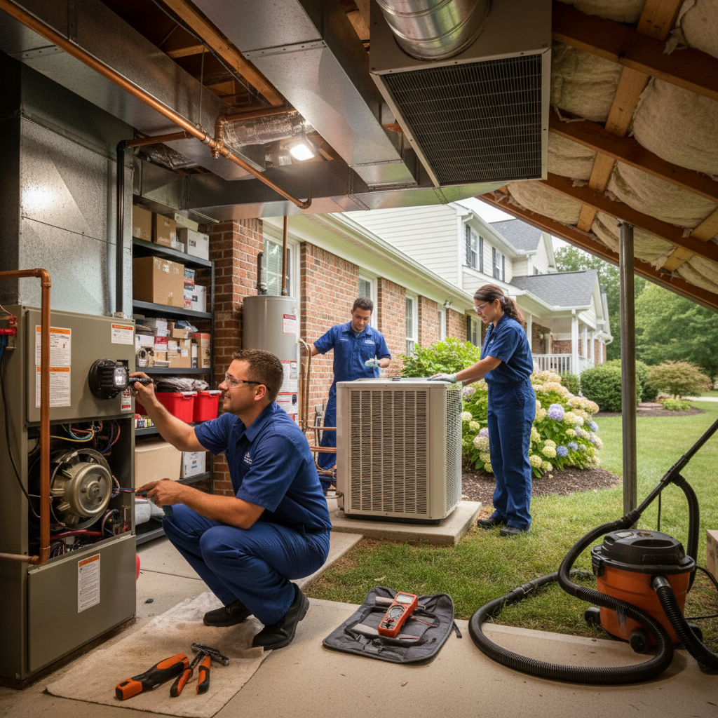 BIM Heating and Cooling technician inspecting a furnace in a Fredericksburg, Virginia home.