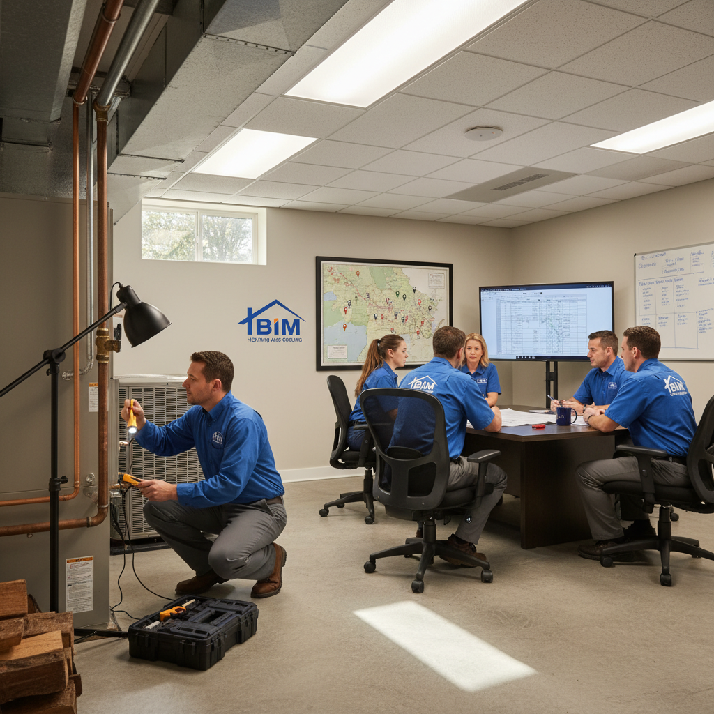 BIM Heating and Cooling technician inspecting a furnace in a Fredericksburg, Virginia home.
