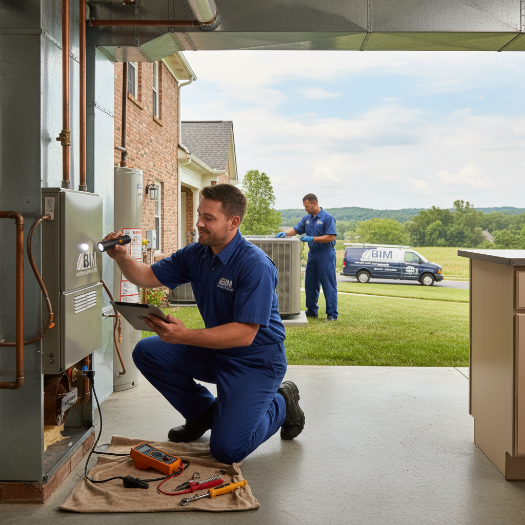 BIM Heating and Cooling technician inspecting a furnace in a Fredericksburg, Virginia home.