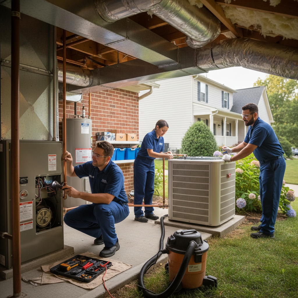 BIM Heating and Cooling technician inspecting a furnace in a Fredericksburg, Virginia home.