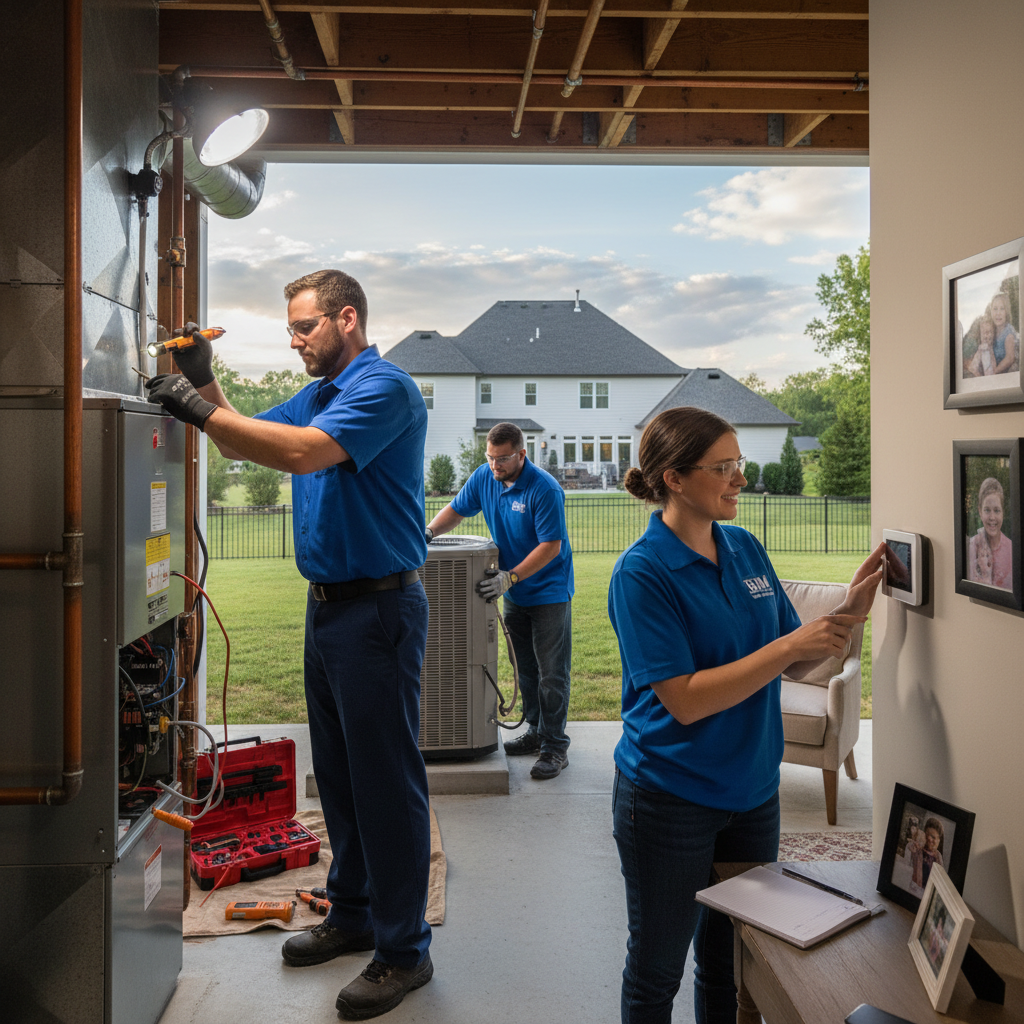 BIM Heating and Cooling technician inspecting a furnace in a Fredericksburg, VA home.