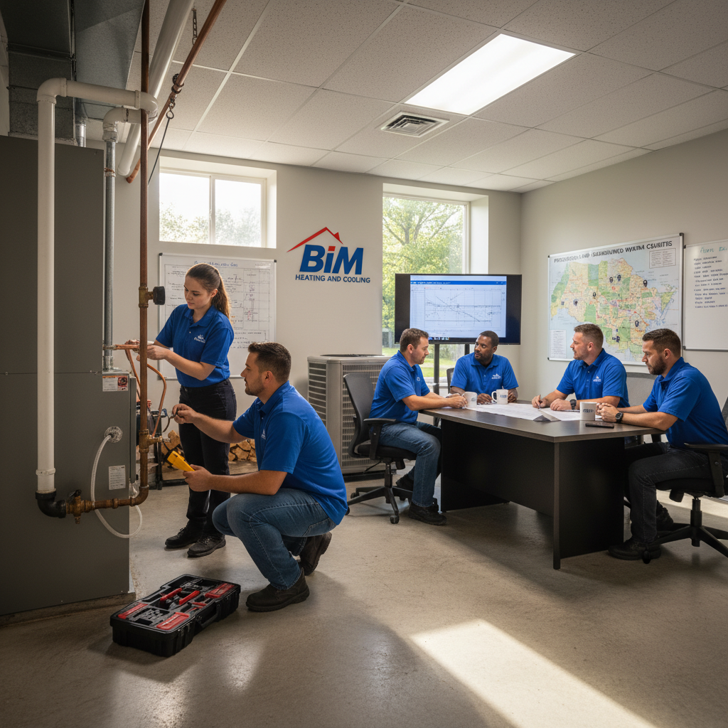 BIM Heating and Cooling technician inspecting a furnace in a Fredericksburg, Virginia home.