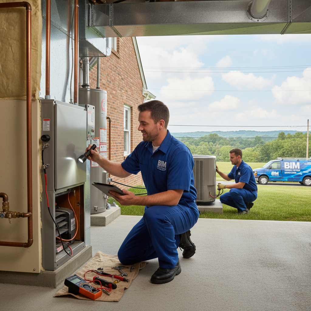 BIM Heating and Cooling technician inspecting a furnace in a Fredericksburg, Virginia home.