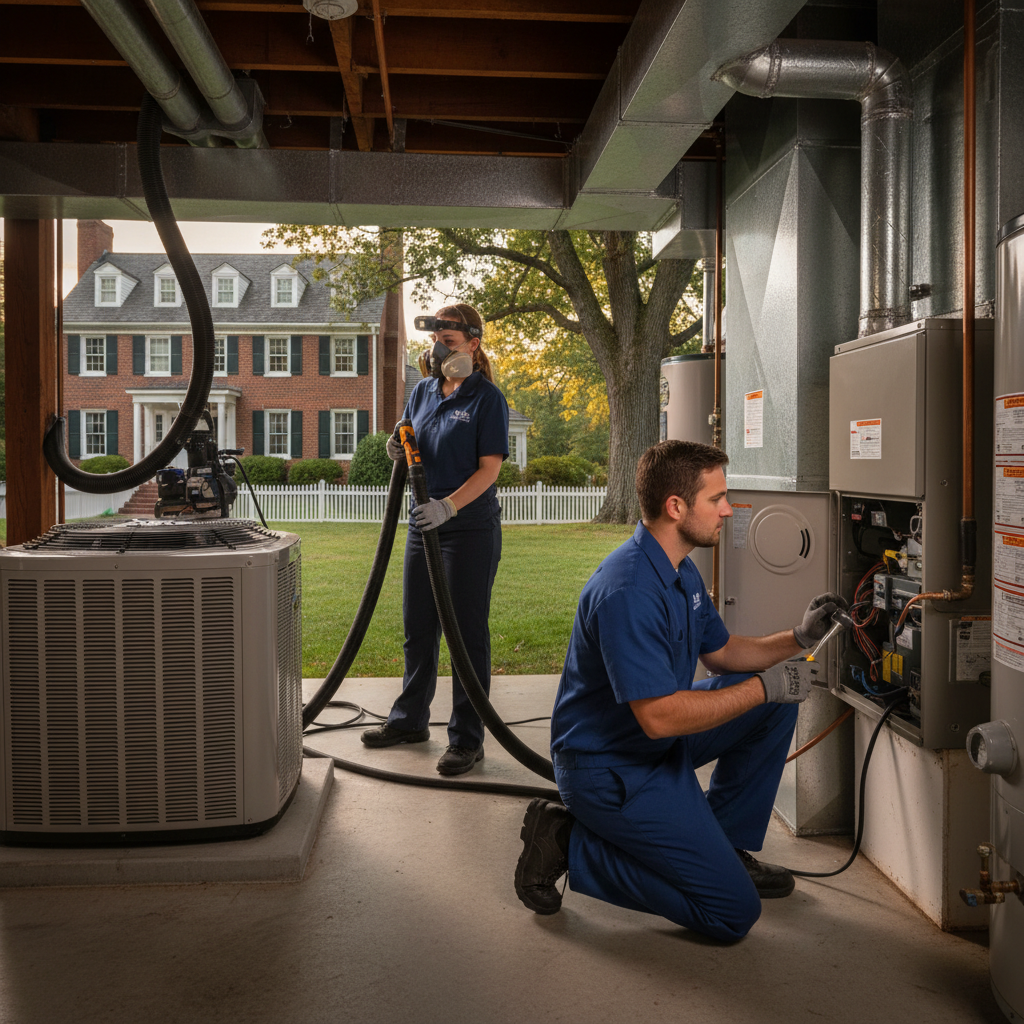 BIM Heating and Cooling technician inspecting a furnace in a Fredericksburg, Virginia home, ensuring efficient heating.