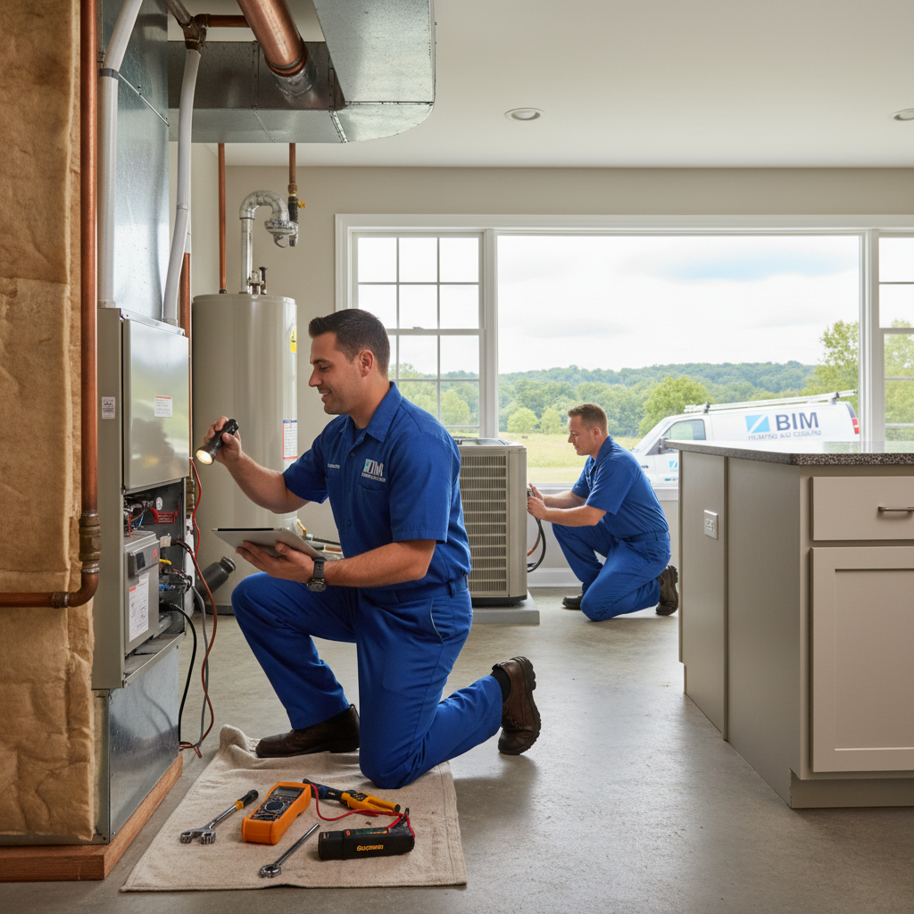 BIM Heating and Cooling technician inspecting a furnace in a Fredericksburg, Virginia home.
