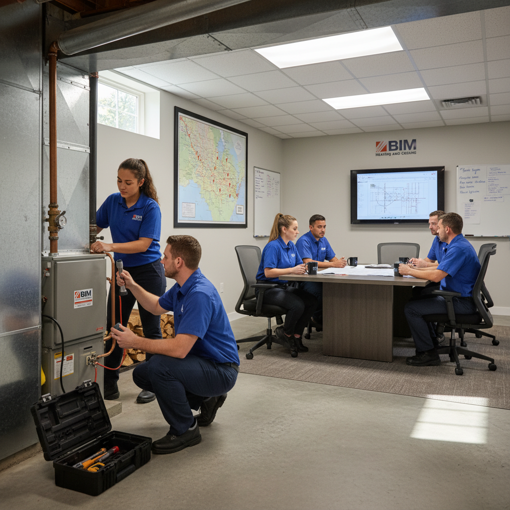 BIM Heating and Cooling technician inspecting a furnace in a Fredericksburg, Virginia home.