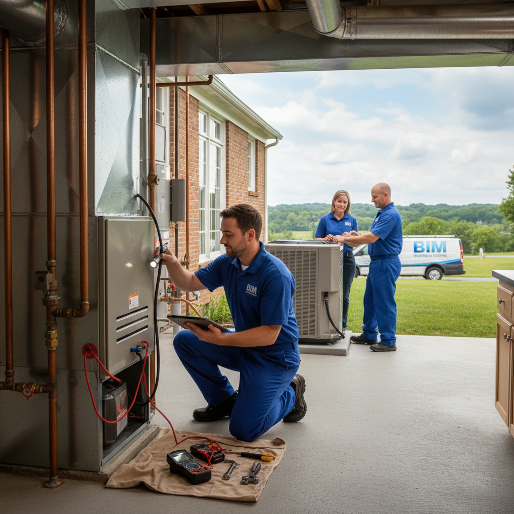 BIM Heating and Cooling technician inspecting a furnace in a Fredericksburg, Virginia home.