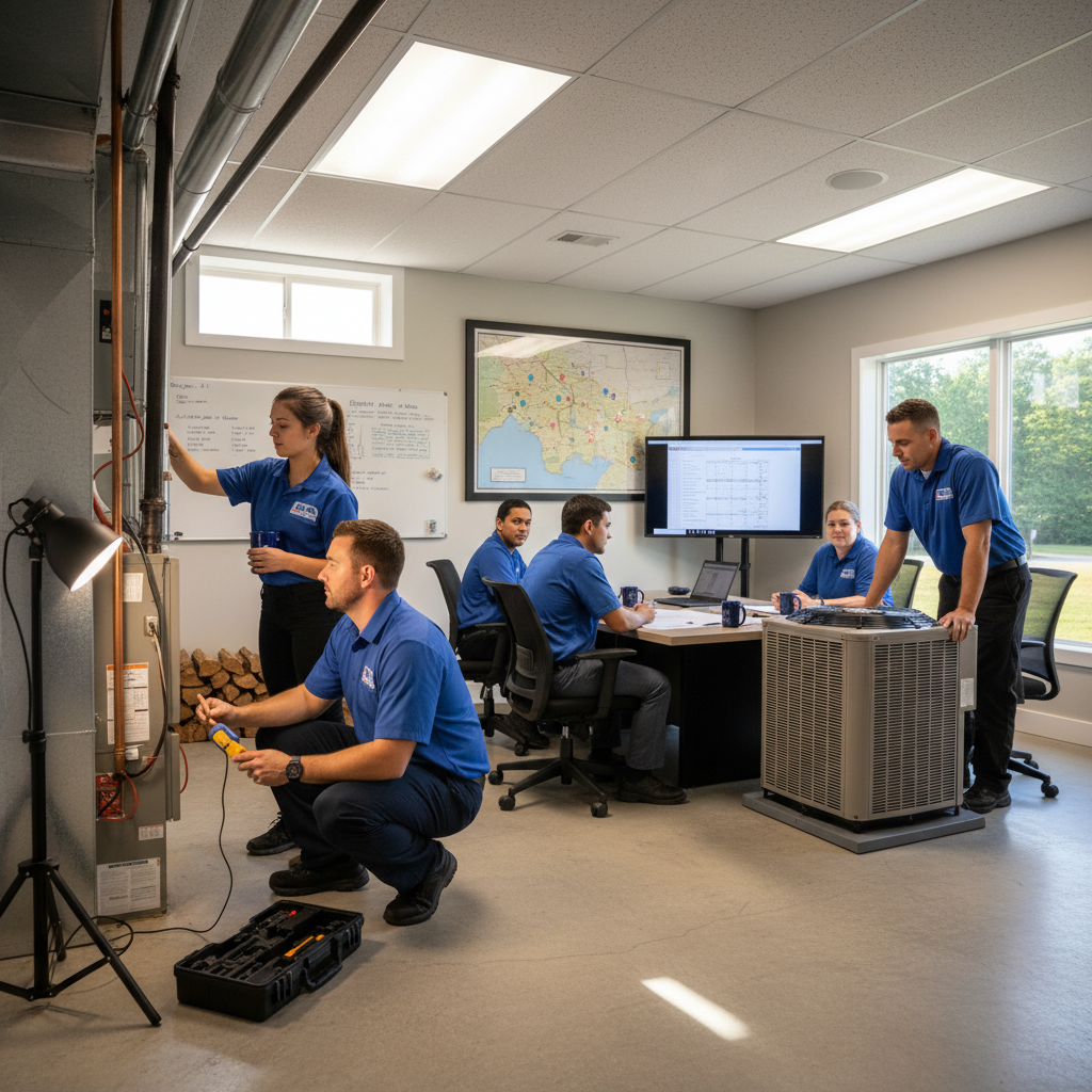 BIM Heating and Cooling technician inspecting a furnace in a Fredericksburg, Virginia home.