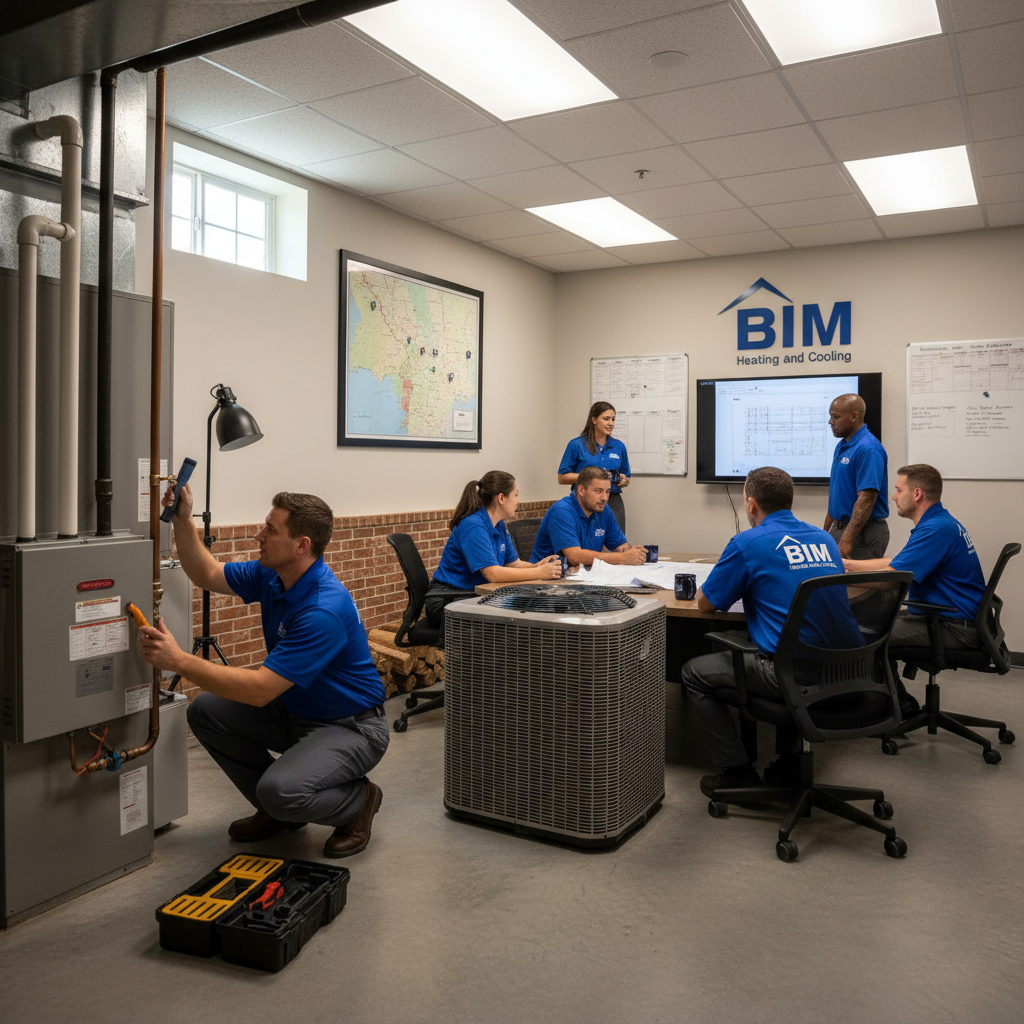 BIM Heating and Cooling technician inspecting a furnace in a Fredericksburg, Virginia home.