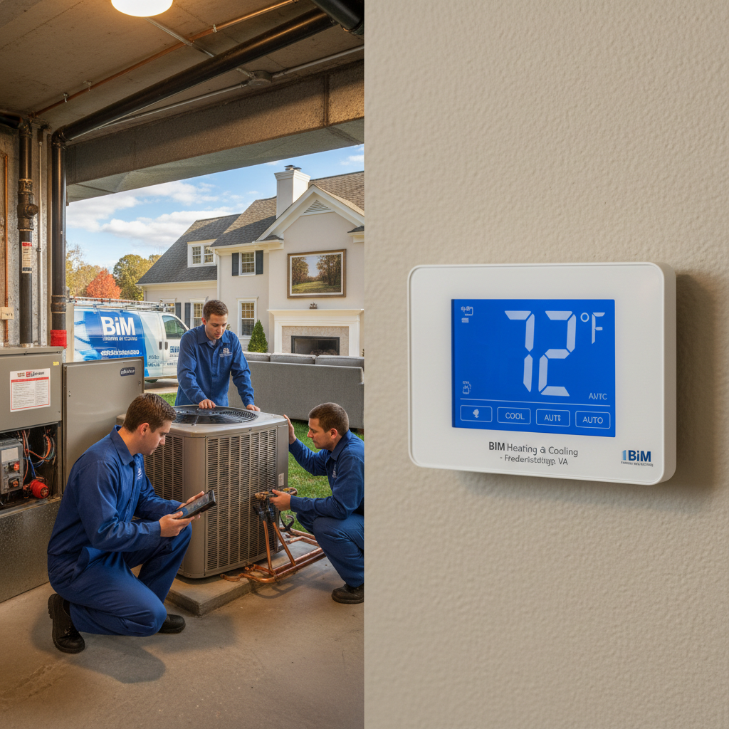 BIM Heating and Cooling technician inspecting a furnace in a Fredericksburg, Virginia home, ensuring efficient heating.