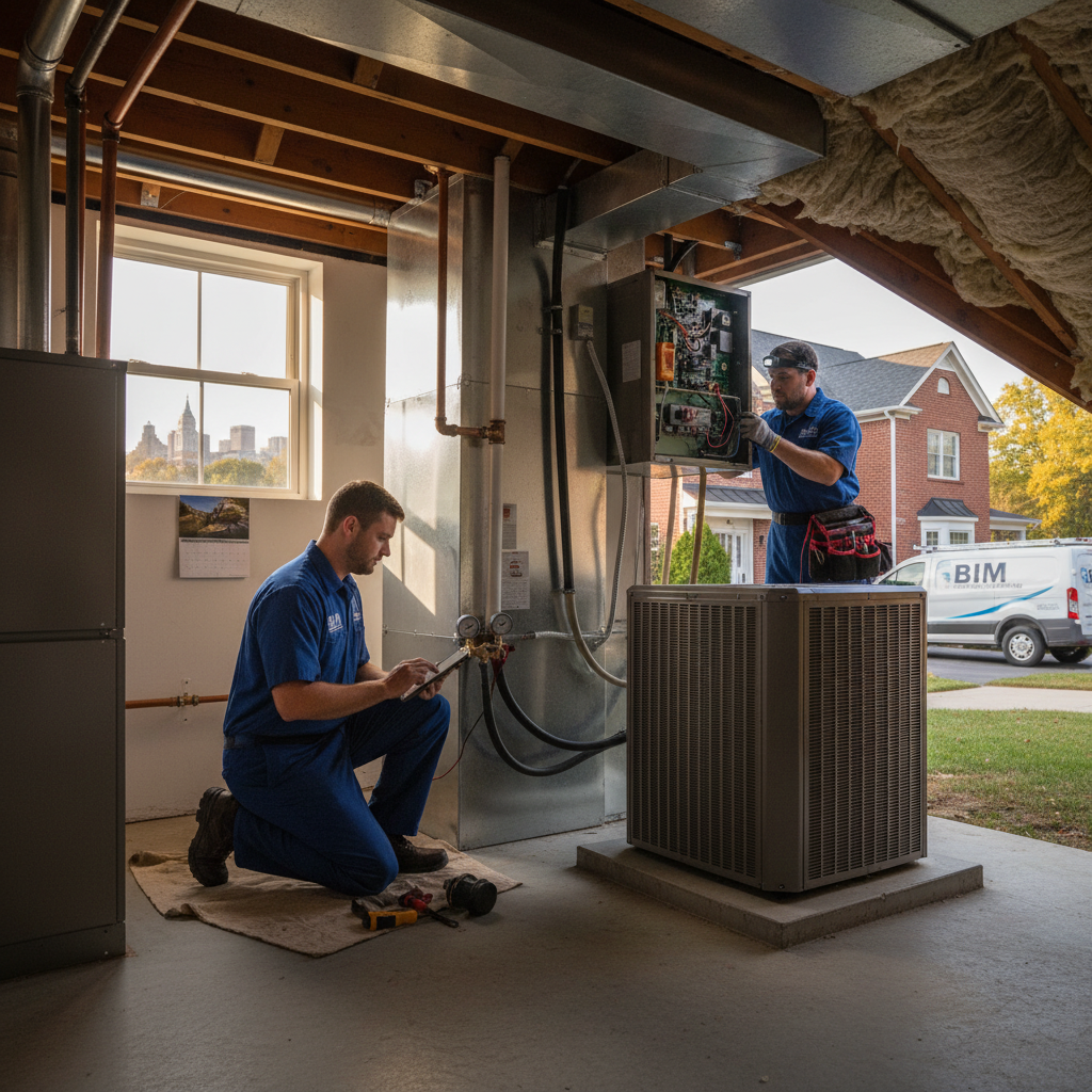 BIM Heating and Cooling technician inspecting a furnace in a Fredericksburg, VA home.