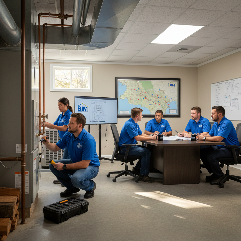 BIM Heating and Cooling technician inspecting a furnace in a Fredericksburg, Virginia home.