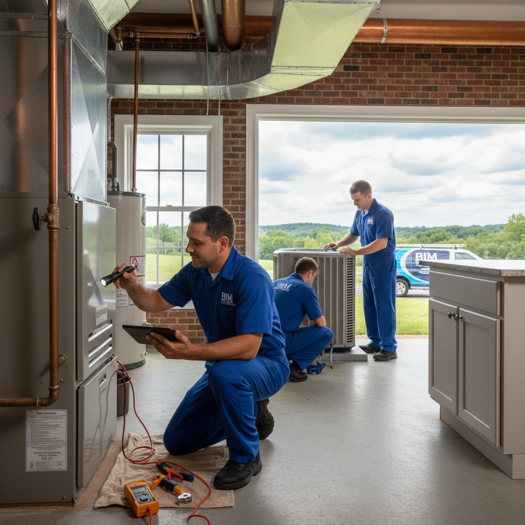 BIM Heating and Cooling technician inspecting a furnace in a Fredericksburg, Virginia home.