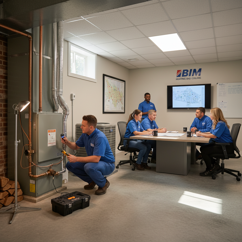 BIM Heating and Cooling technician inspecting a furnace in a Fredericksburg, Virginia home.