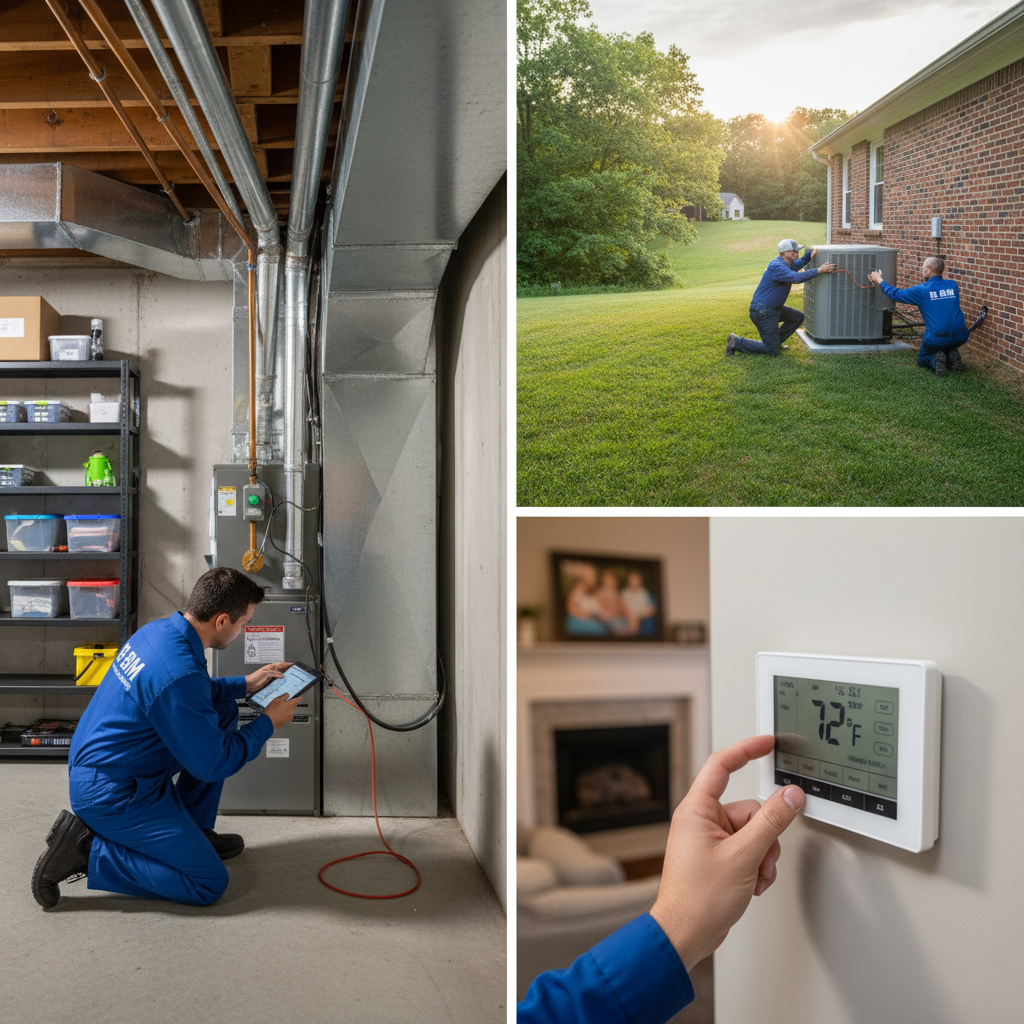 BIM Heating and Cooling technician inspecting a furnace in a Fredericksburg, Virginia home, ensuring optimal performance.