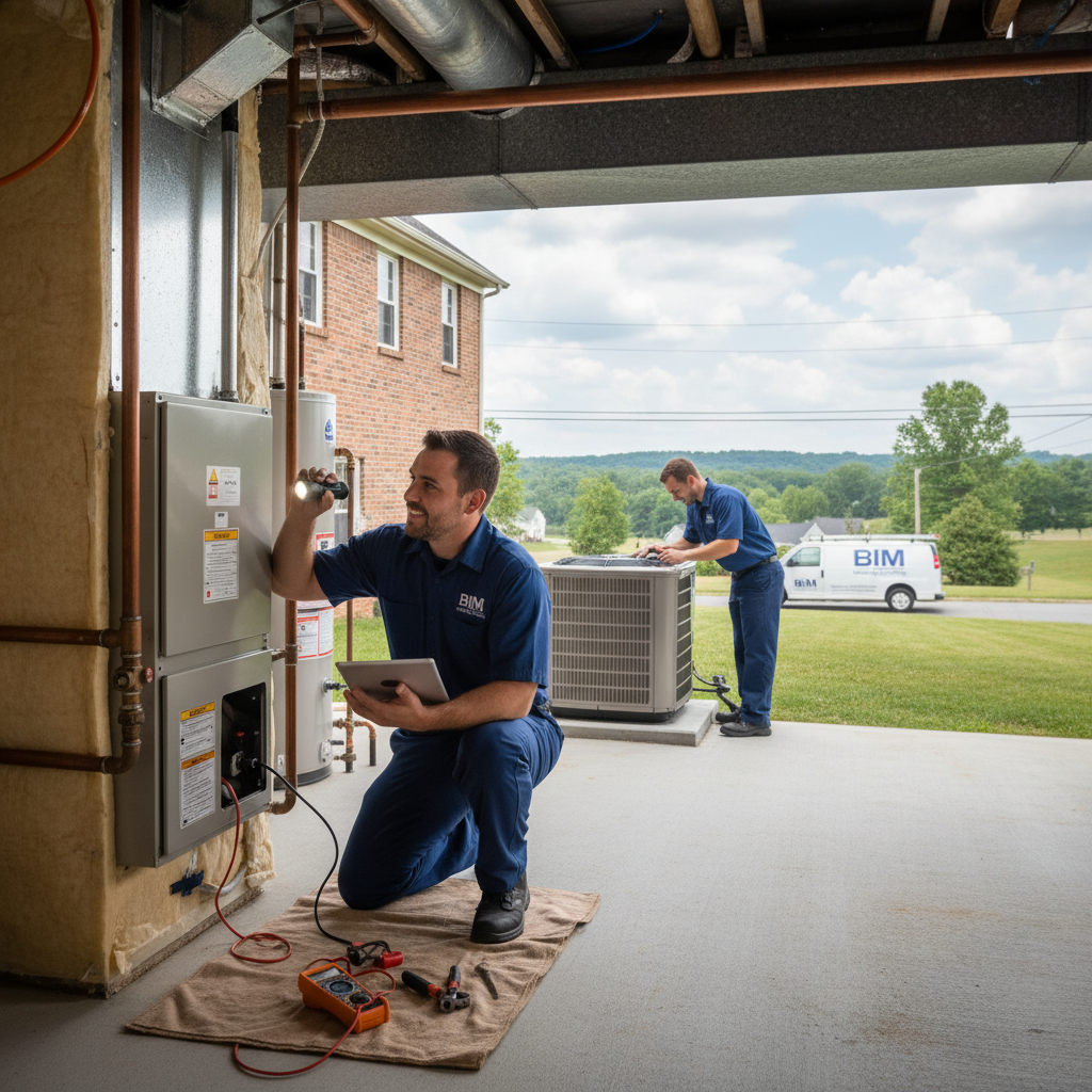 BIM Heating and Cooling technician inspecting a furnace in a Fredericksburg, Virginia home.