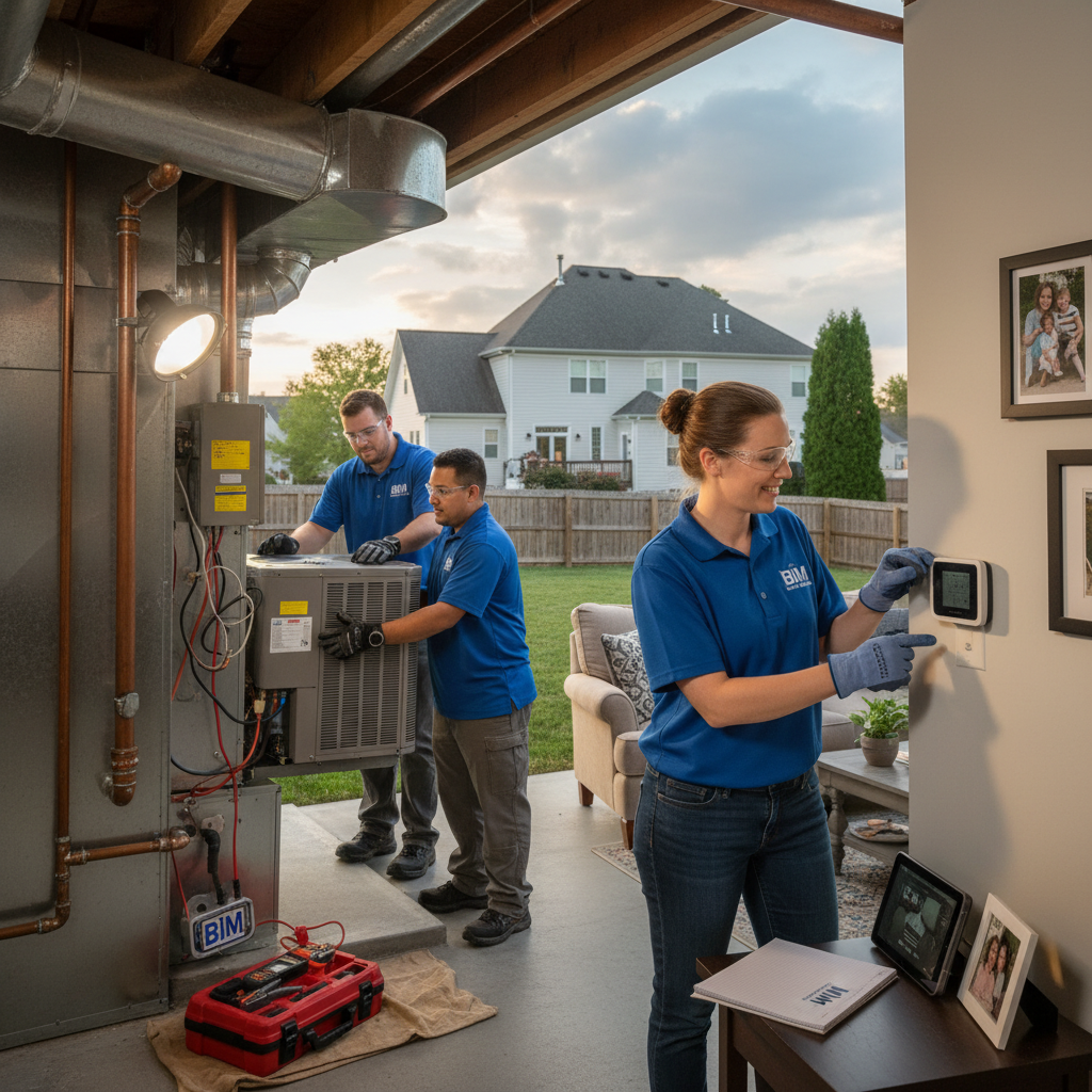 BIM Heating and Cooling technician inspecting a furnace in a Fredericksburg, VA home.