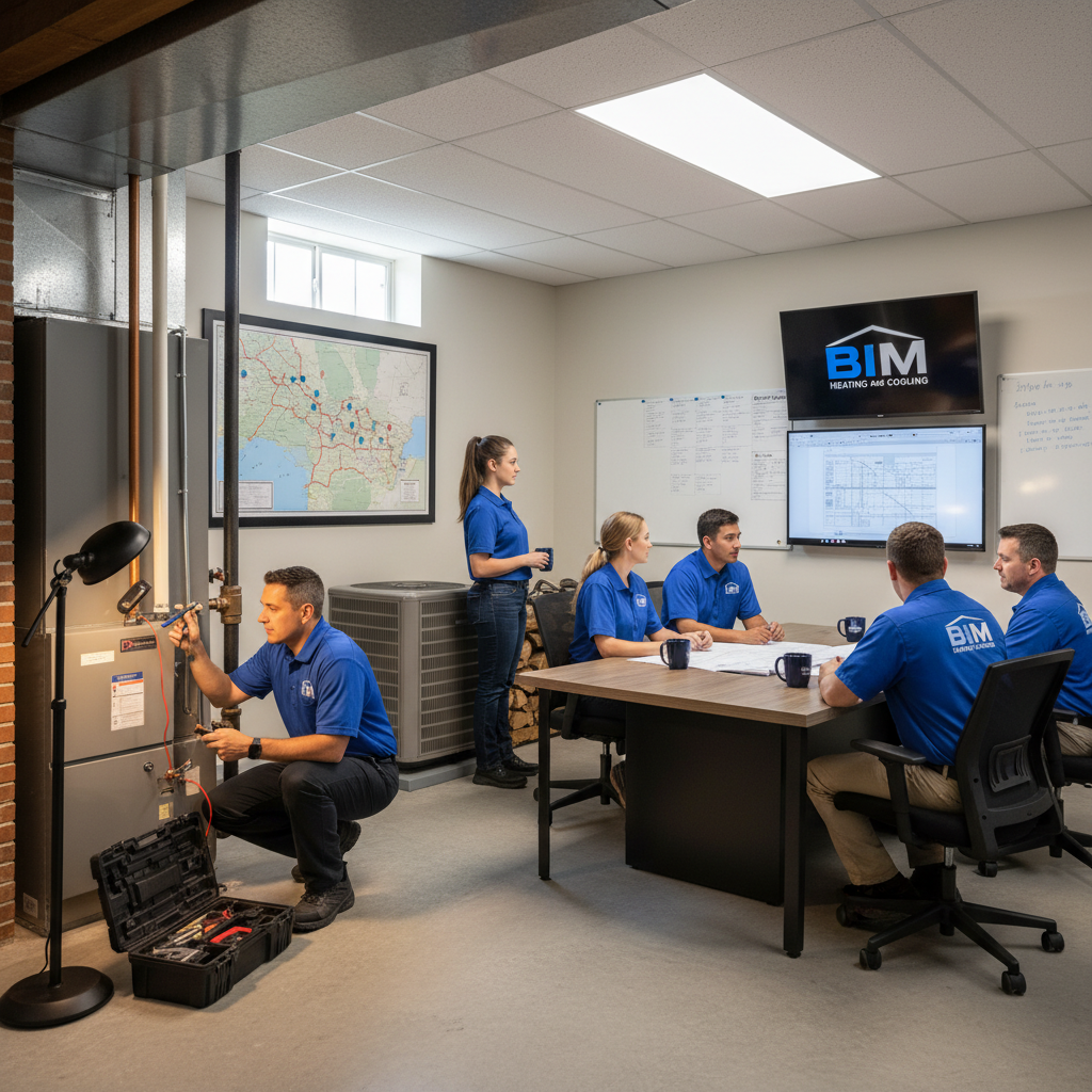 BIM Heating and Cooling technician inspecting a furnace in a Fredericksburg, Virginia home.