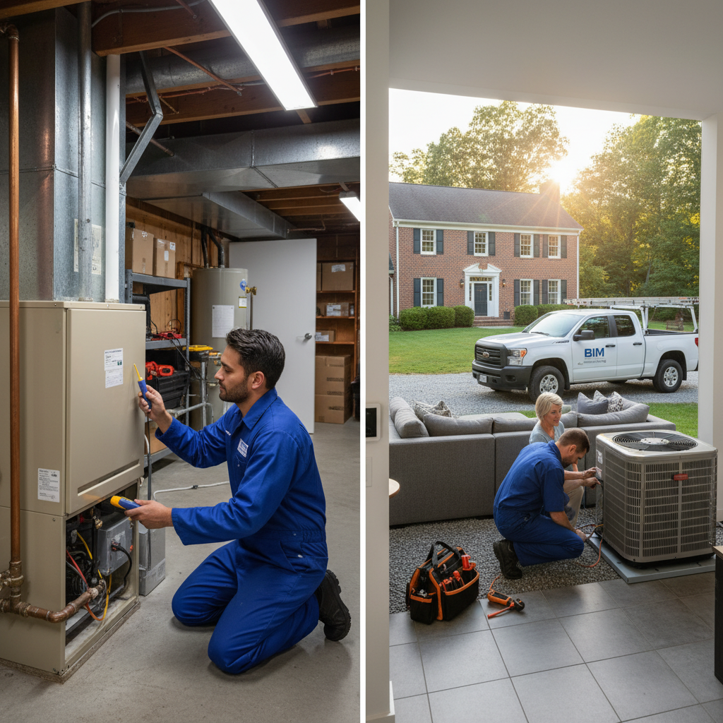 BIM Heating and Cooling technician inspecting a furnace in a Fredericksburg, Virginia home, ensuring optimal performance.