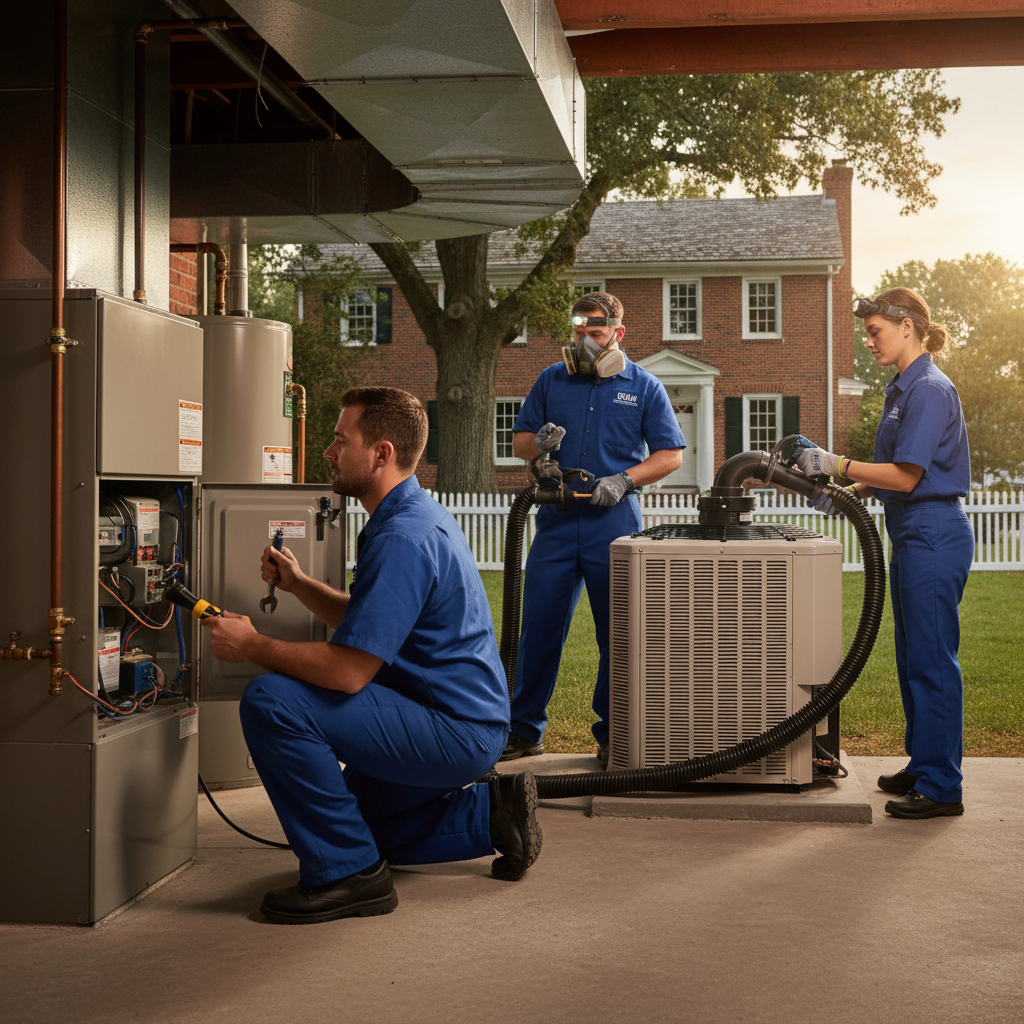 BIM Heating and Cooling technician inspecting a furnace in a Fredericksburg, Virginia home, ensuring efficient heating.