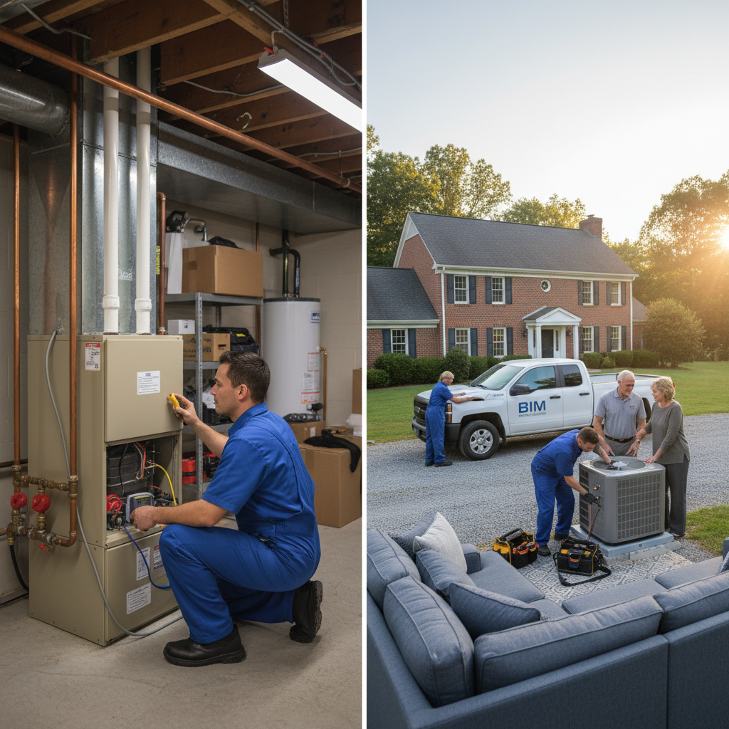 BIM Heating and Cooling technician inspecting a furnace in a Fredericksburg, Virginia home, ensuring optimal performance.