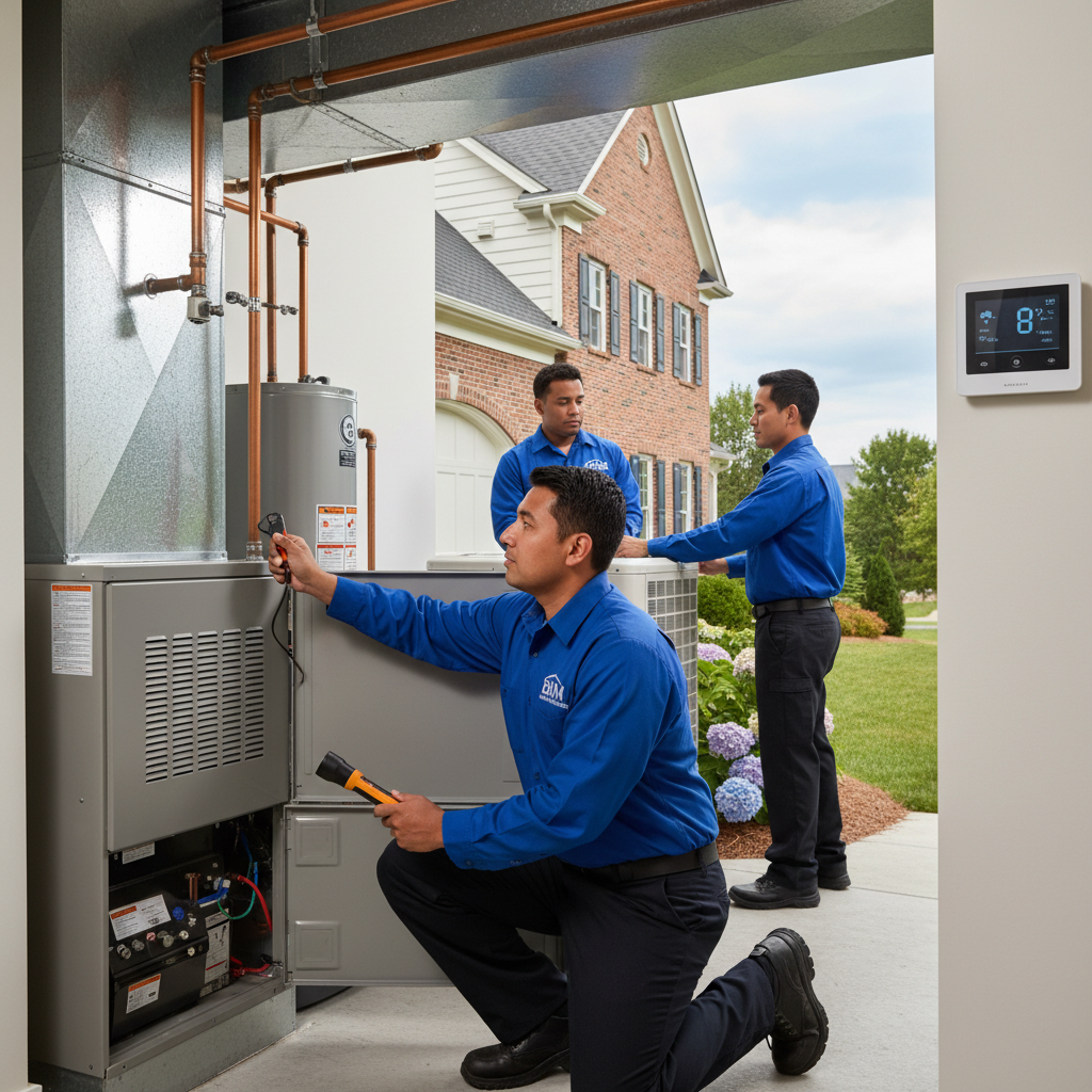 BIM Heating and Cooling technician inspecting a furnace in a Fredericksburg, Virginia home.