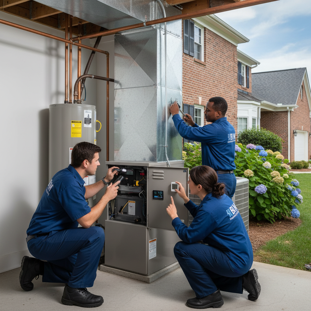 BIM Heating and Cooling technician inspecting a furnace in a Fredericksburg, Virginia home.