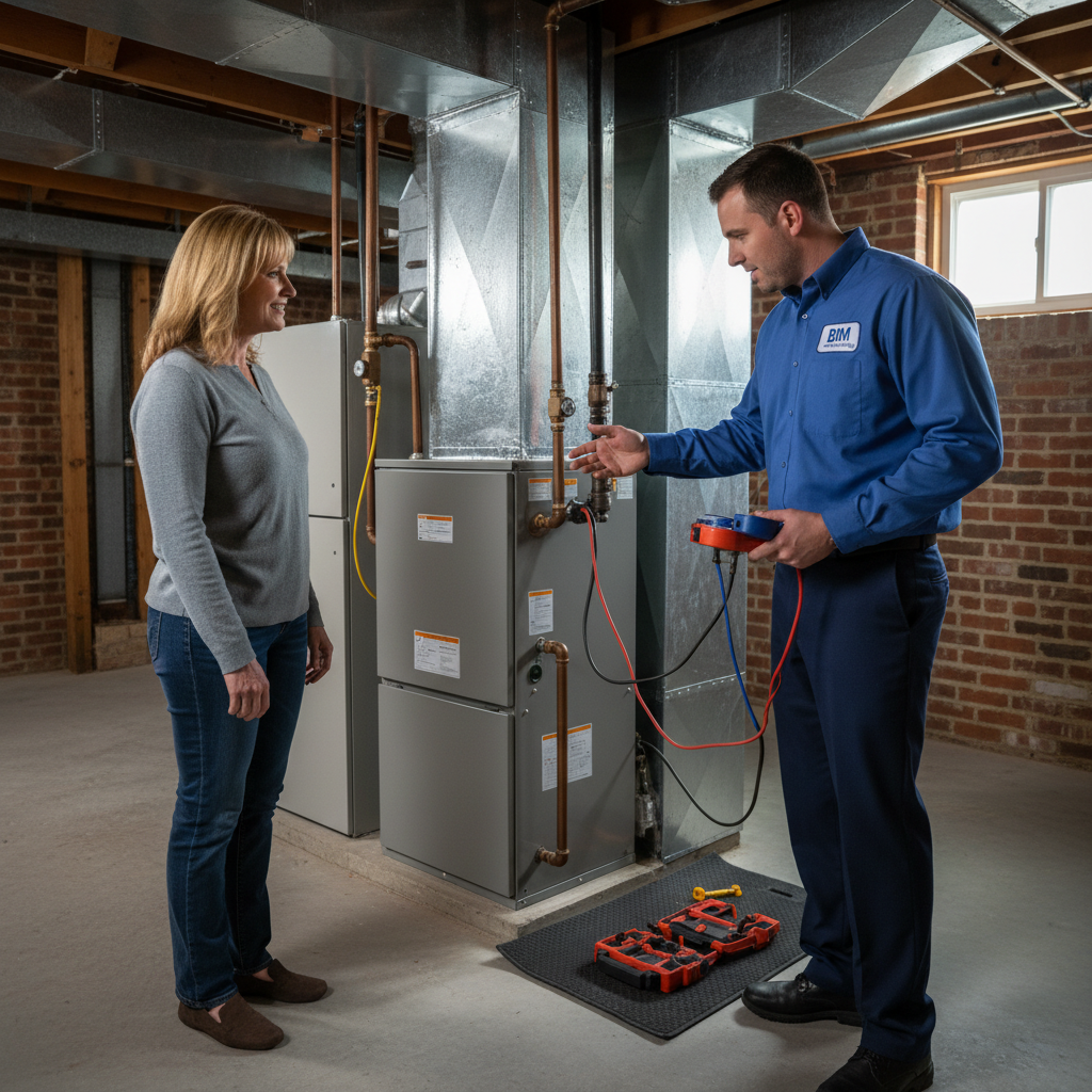 BIM Heating and Cooling technician inspecting a furnace in a Fredericksburg, Virginia home.