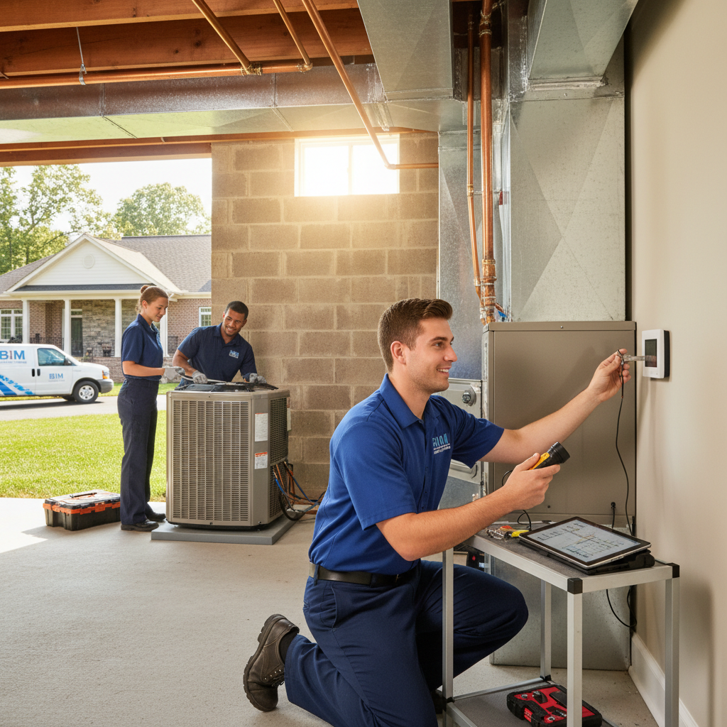 BIM Heating and Cooling technician inspecting a furnace in a Fredericksburg, Virginia home.