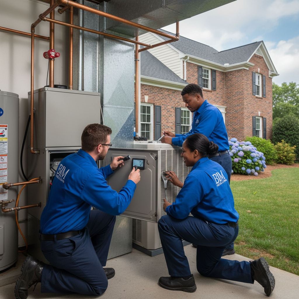 BIM Heating and Cooling technician inspecting a furnace in a Fredericksburg, Virginia home.