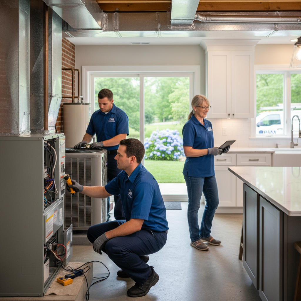 BIM Heating and Cooling technician inspecting a furnace in a Fredericksburg, Virginia home.