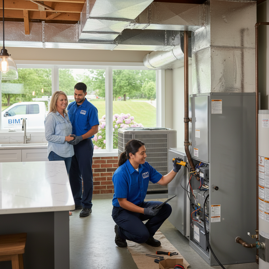 BIM Heating and Cooling technician inspecting a furnace in a Fredericksburg, Virginia home.