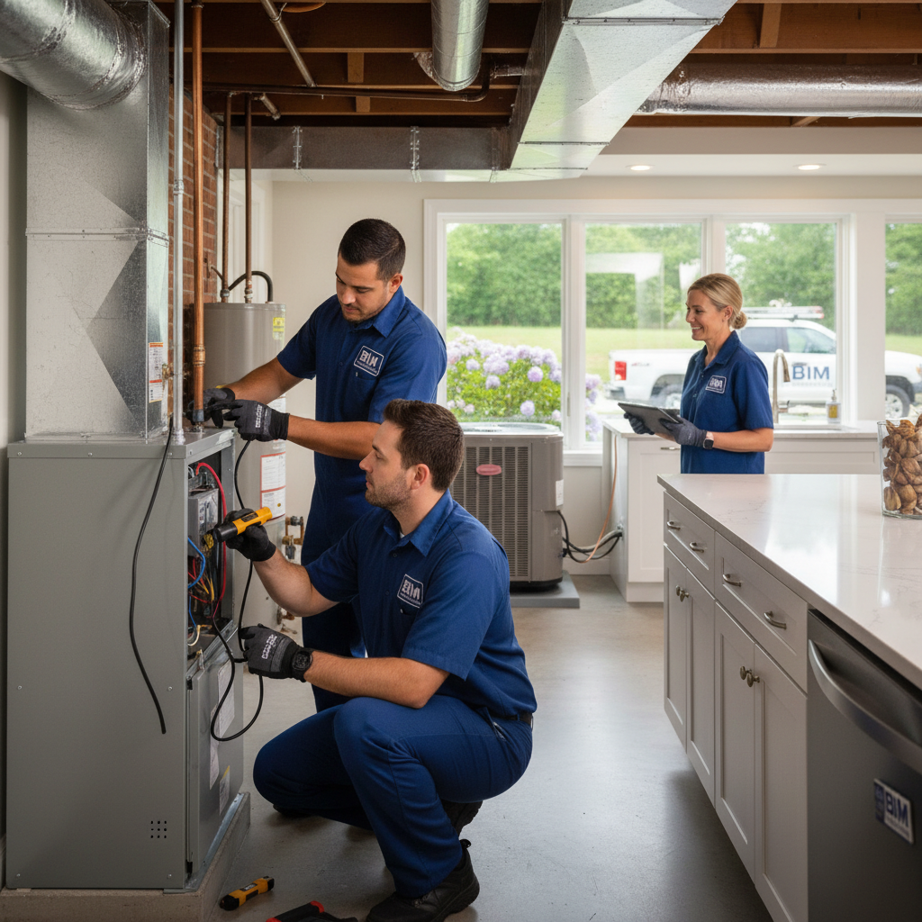 BIM Heating and Cooling technician inspecting a furnace in a Fredericksburg, Virginia home.