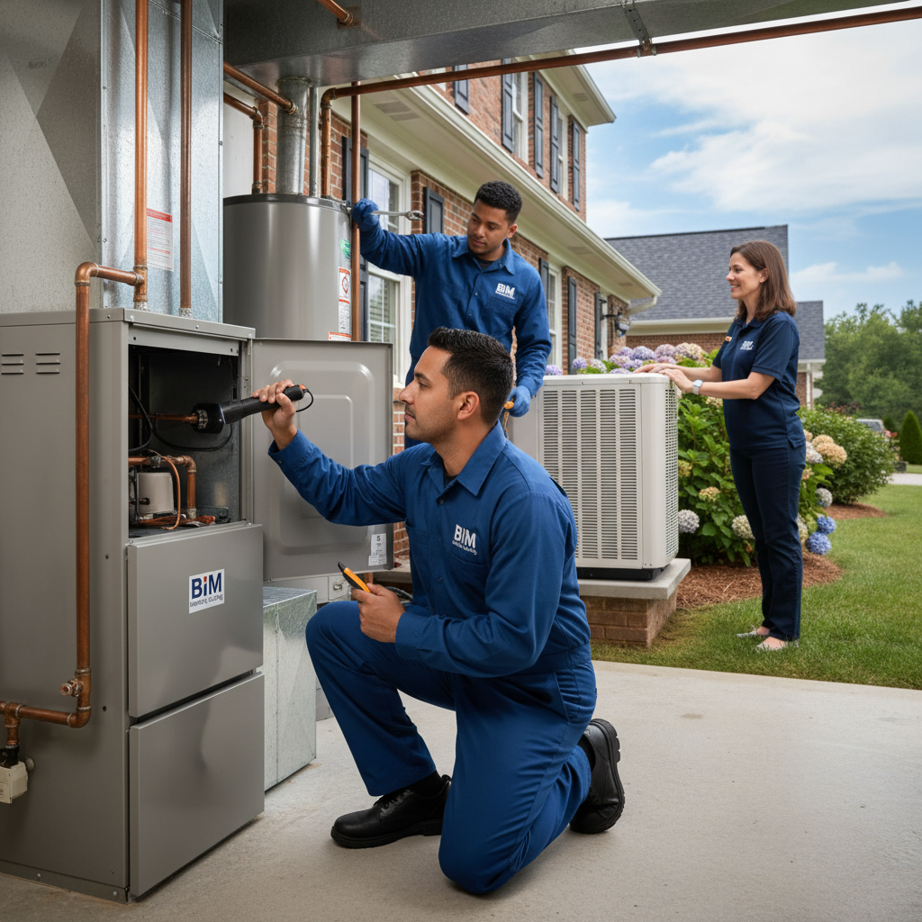 BIM Heating and Cooling technician inspecting a furnace in a Fredericksburg, Virginia home.