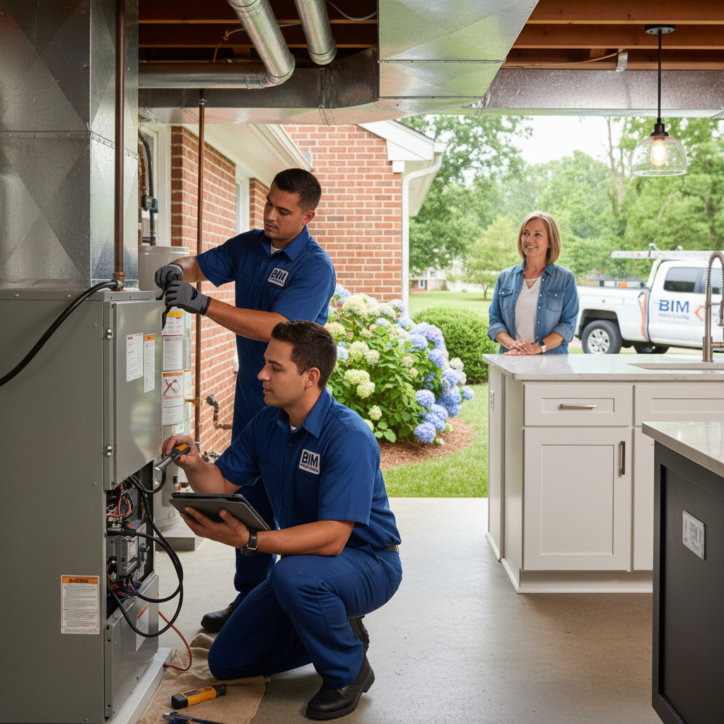BIM Heating and Cooling technician inspecting a furnace in a Fredericksburg, Virginia home.
