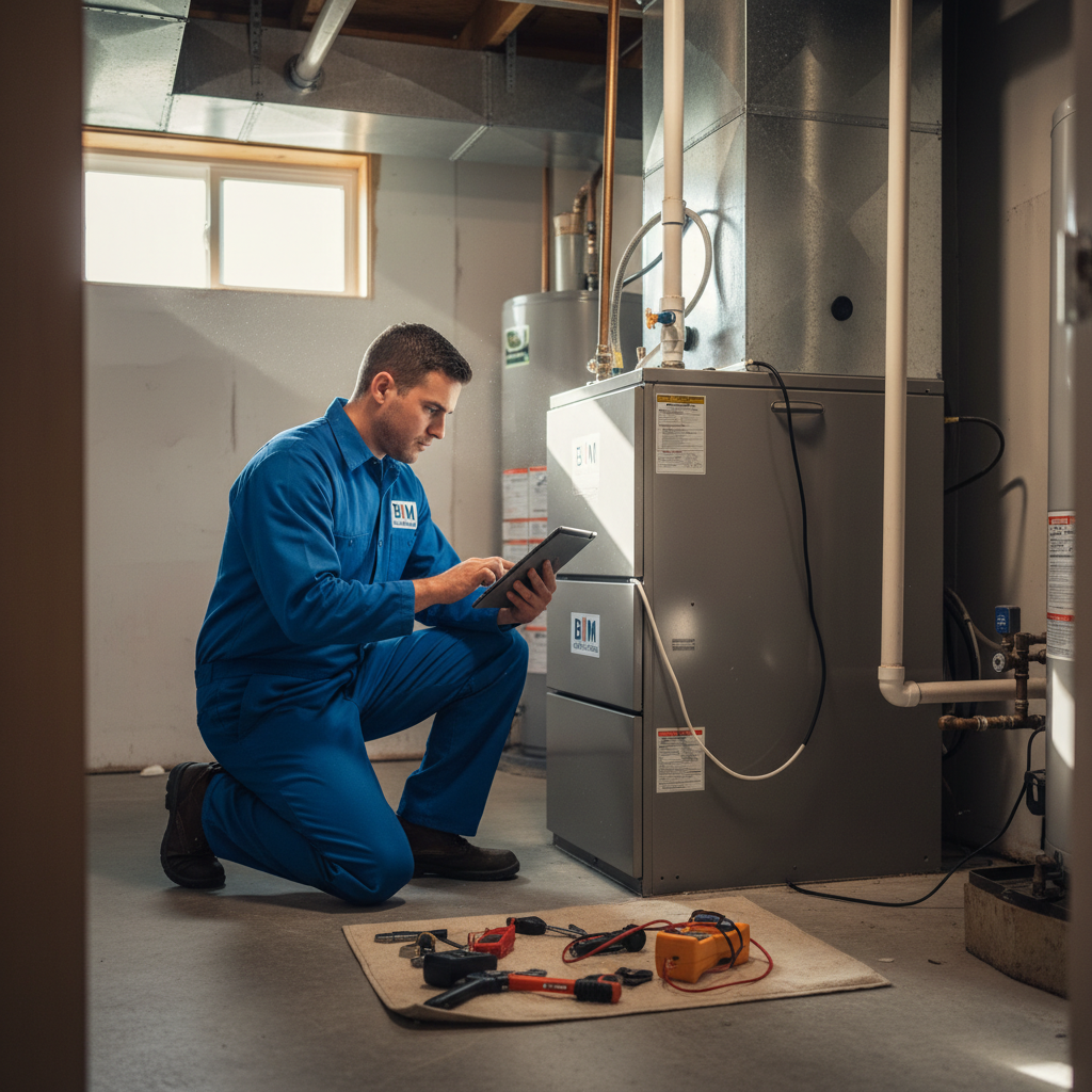BIM Heating and Cooling technician inspecting a furnace in a Fredericksburg, VA home.