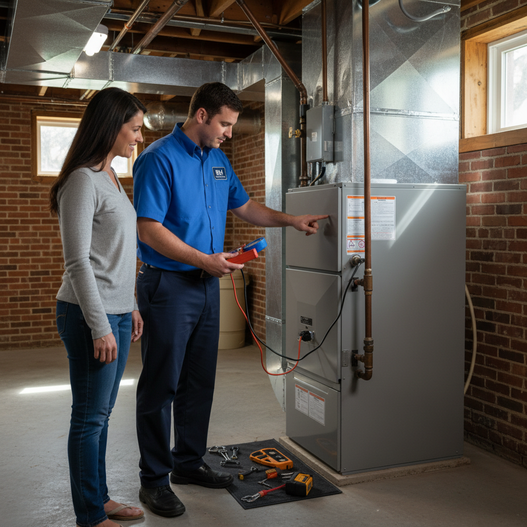 BIM Heating and Cooling technician inspecting a furnace in a Fredericksburg, Virginia home.