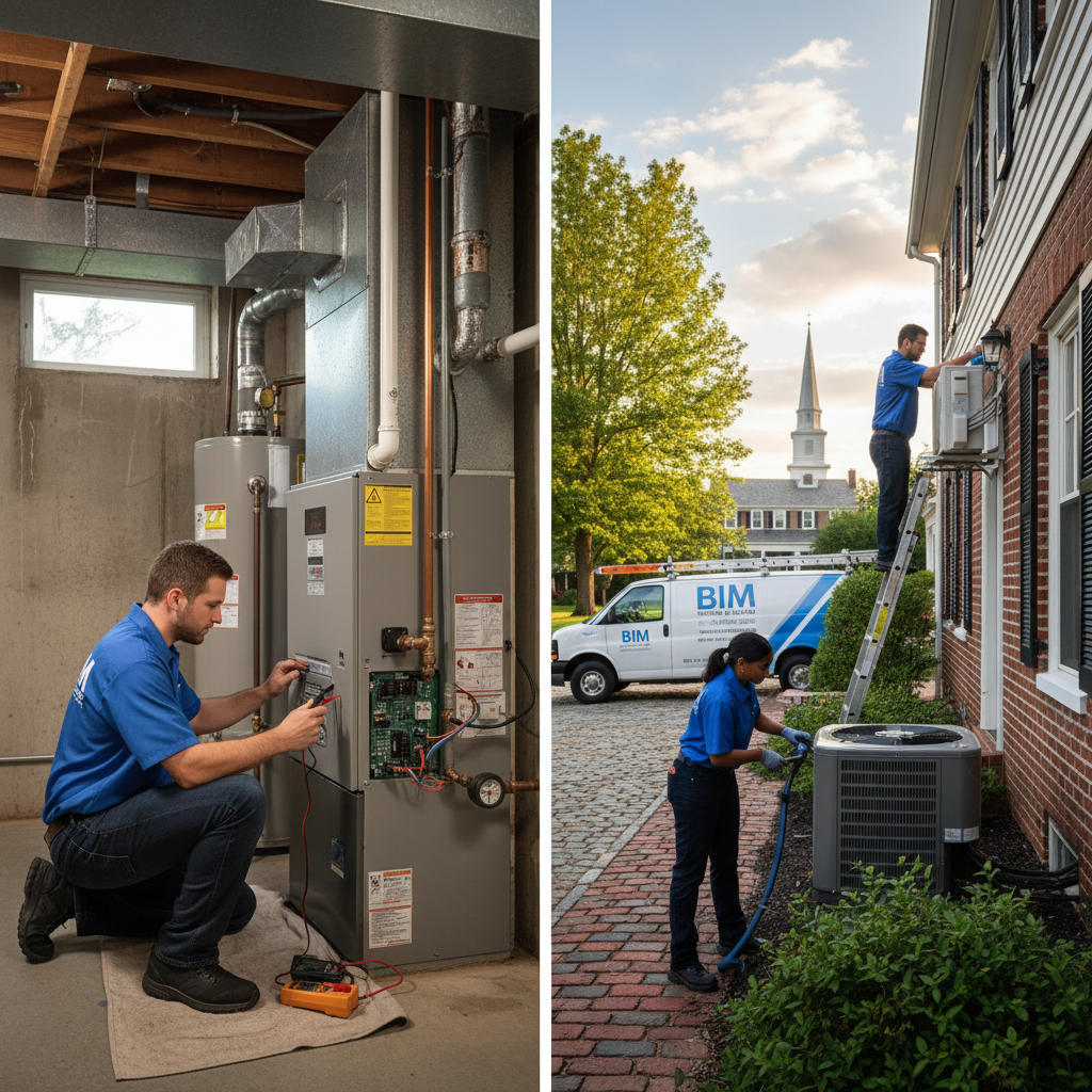 BIM Heating and Cooling technician inspecting a furnace in a Fredericksburg, Virginia home, ensuring optimal performance.