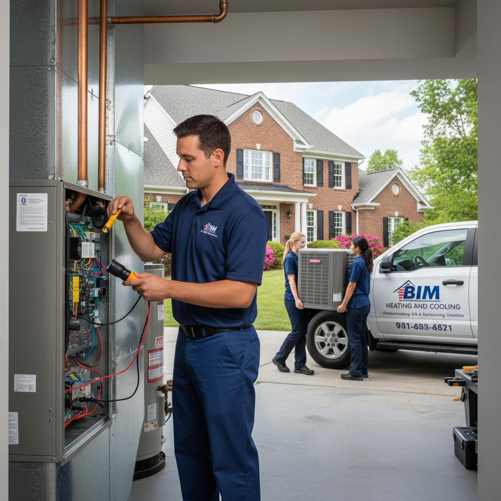 BIM Heating and Cooling technician inspecting a furnace in a Fredericksburg, VA home.