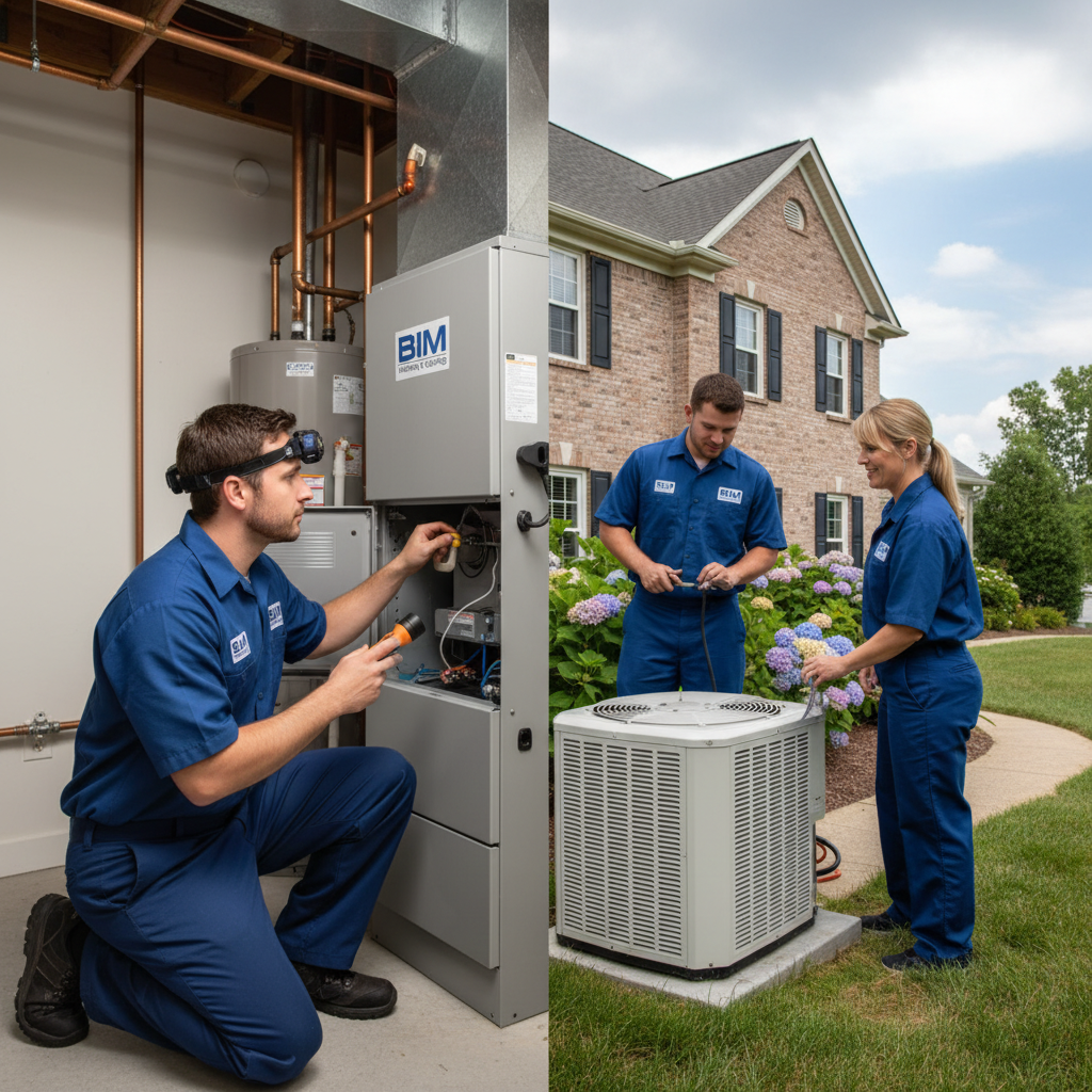 BIM Heating and Cooling technician inspecting a furnace in a Fredericksburg, Virginia home.