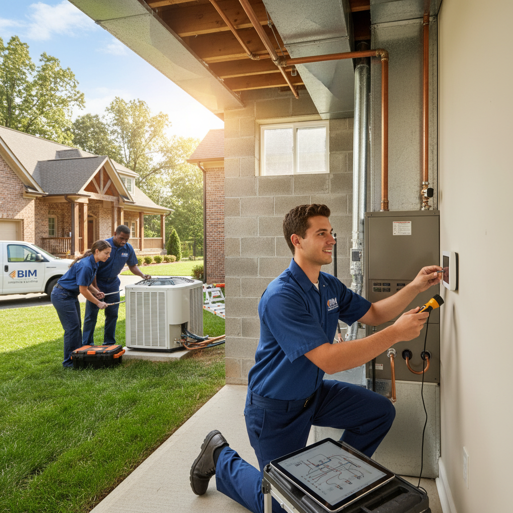BIM Heating and Cooling technician inspecting a furnace in a Fredericksburg, Virginia home.