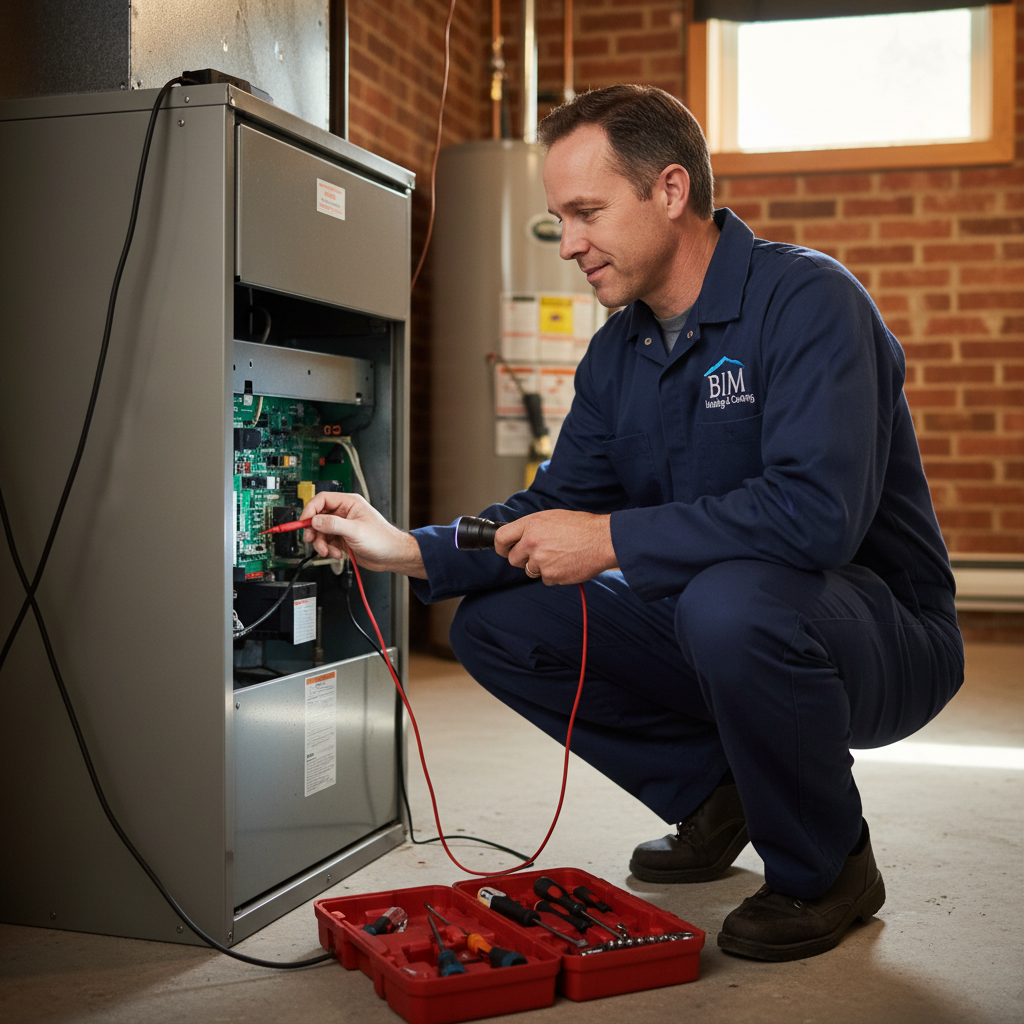 BIM Heating and Cooling technician inspecting a furnace in a Fredericksburg, Virginia home, ensuring efficient heating.