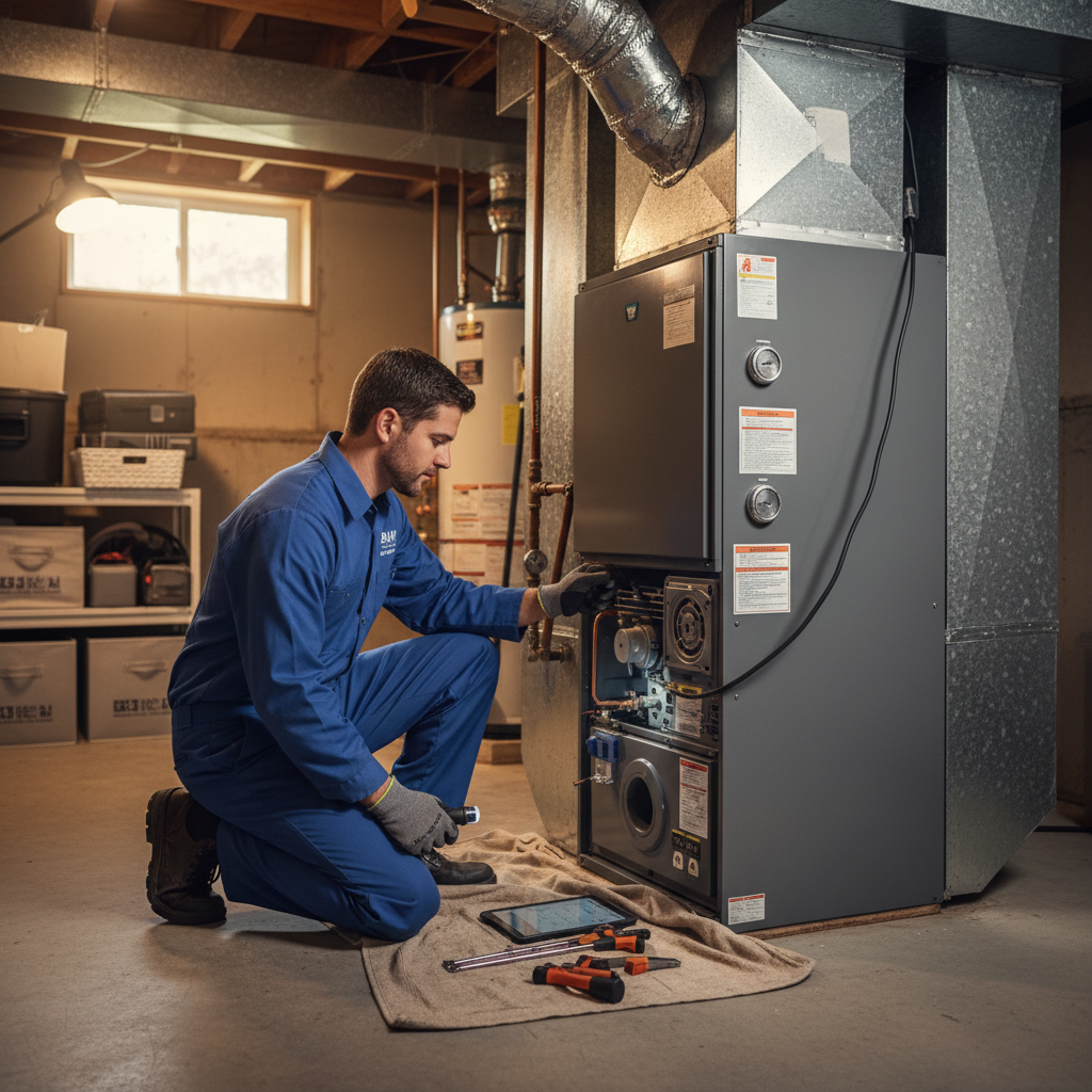 BIM Heating and Cooling technician inspecting a furnace in a Fredericksburg, VA home.