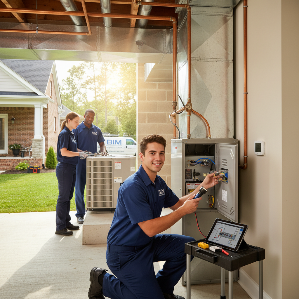 BIM Heating and Cooling technician inspecting a furnace in a Fredericksburg, Virginia home.