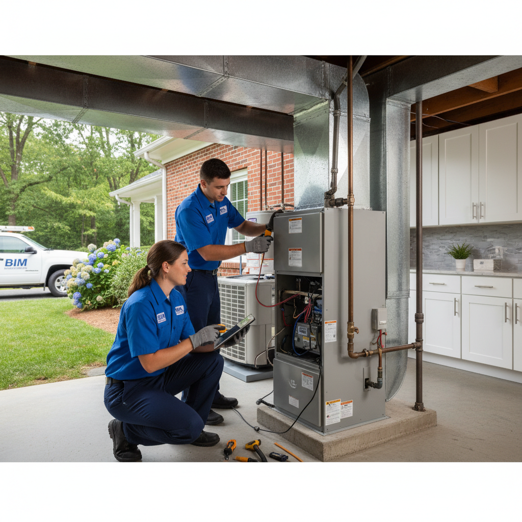BIM Heating and Cooling technician inspecting a furnace in a Fredericksburg, Virginia home.